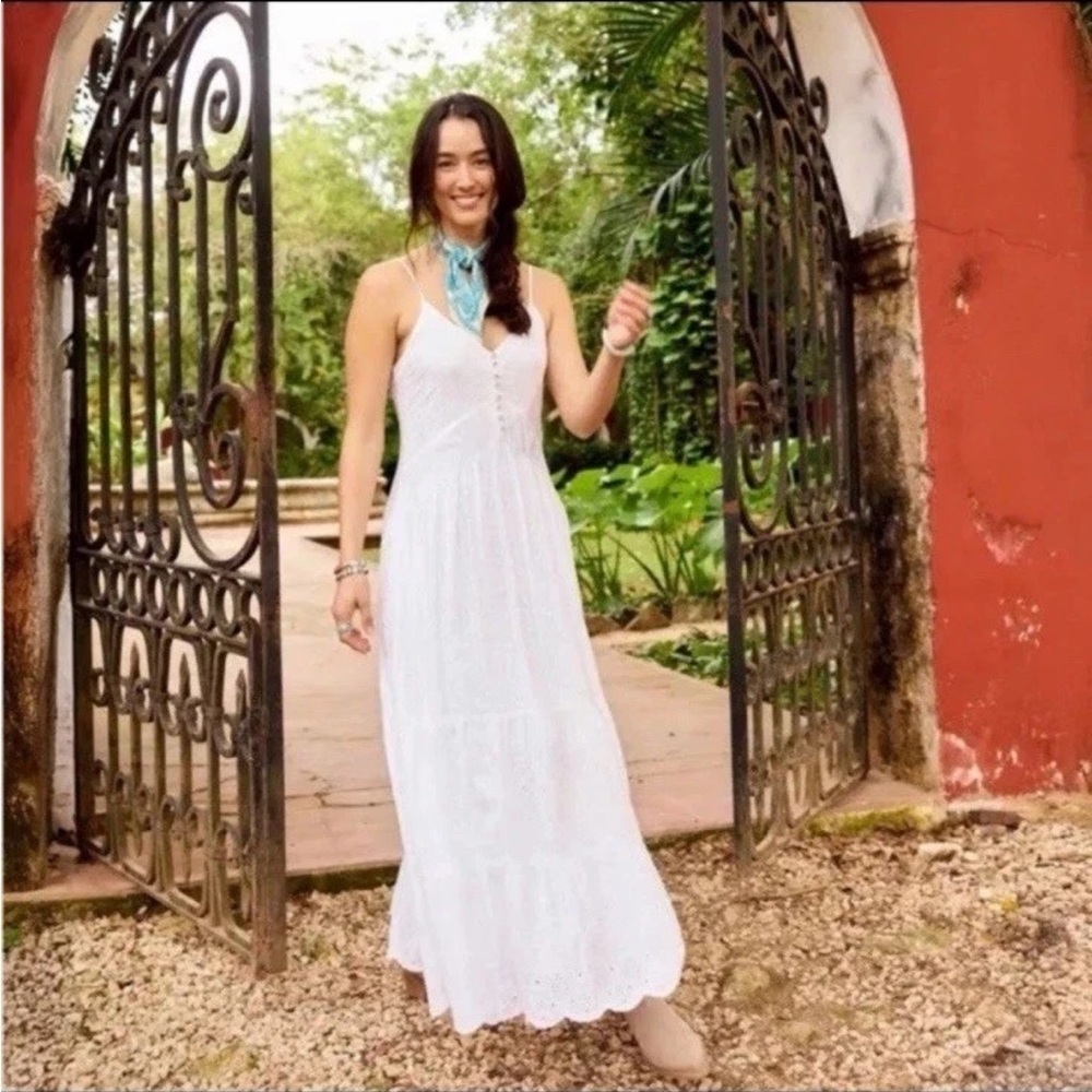 New Sundance Arezzo Maxi Eyelet Floral White Dress Tiered PM Peasant Boho Pocket